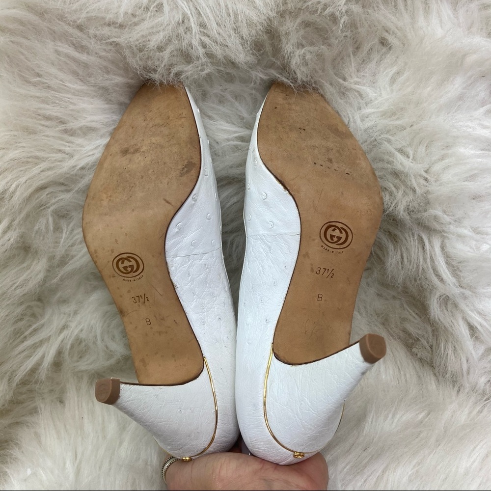 Gucci White Pointed Toe Leather Pumps with Gold Heel Accent - Picture 9 of 12
